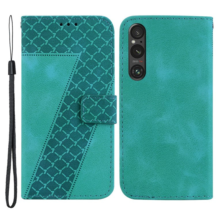 7-Shape Imprinted Phone Wallet Case for Sony Xperia 1 V , PU Leather Stand Smartphone Cover - Green