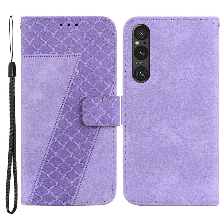 7-Shape Imprinted Phone Wallet Case for Sony Xperia 1 V , PU Leather Stand Smartphone Cover - Purple