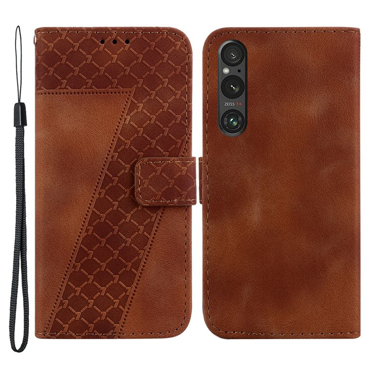 7-Shape Imprinted Phone Wallet Case for Sony Xperia 1 V , PU Leather Stand Smartphone Cover - Brown