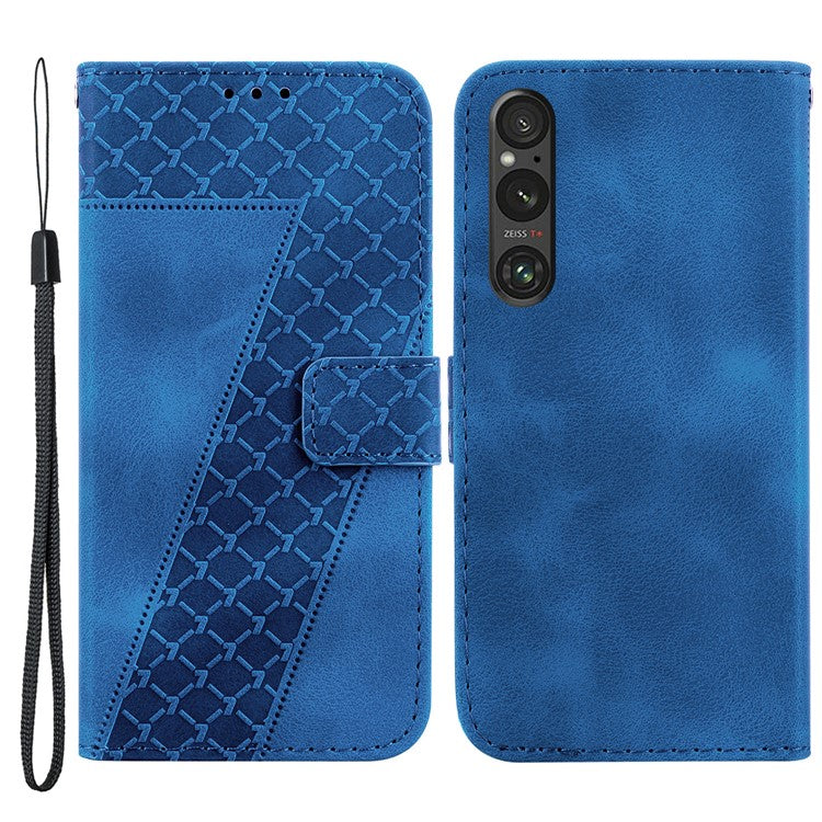 7-Shape Imprinted Phone Wallet Case for Sony Xperia 1 V , PU Leather Stand Smartphone Cover - Dark Blue