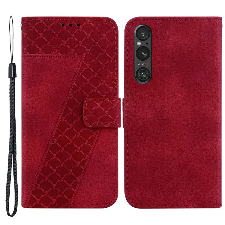 7-Shape Imprinted Phone Wallet Case for Sony Xperia 1 V , PU Leather Stand Smartphone Cover - Red