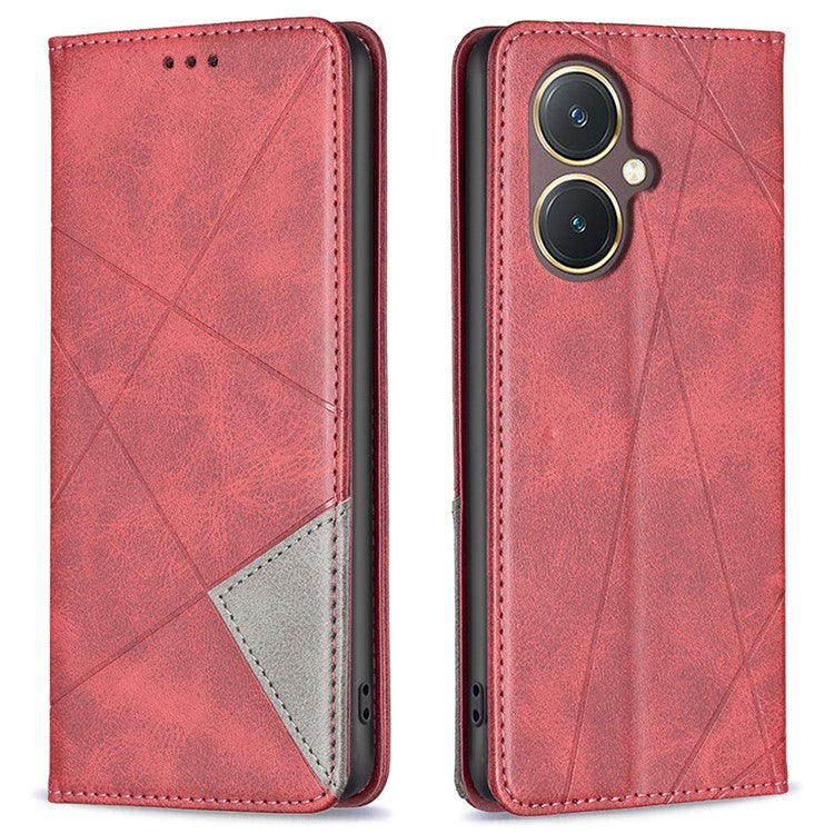 For vivo Y27 4G Card Slots Stand Cover Anti-scratch PU Leather Imprinted Line Phone Flip Case - Red