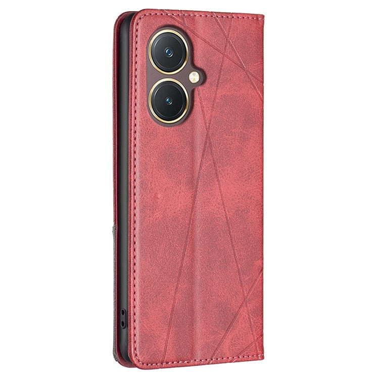 For vivo Y27 4G Card Slots Stand Cover Anti-scratch PU Leather Imprinted Line Phone Flip Case - Red