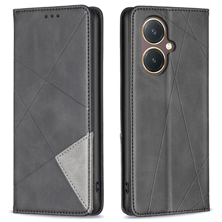 For vivo Y27 4G Card Slots Stand Cover Anti-scratch PU Leather Imprinted Line Phone Flip Case - Black