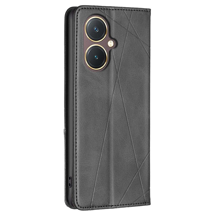 For vivo Y27 4G Card Slots Stand Cover Anti-scratch PU Leather Imprinted Line Phone Flip Case - Black