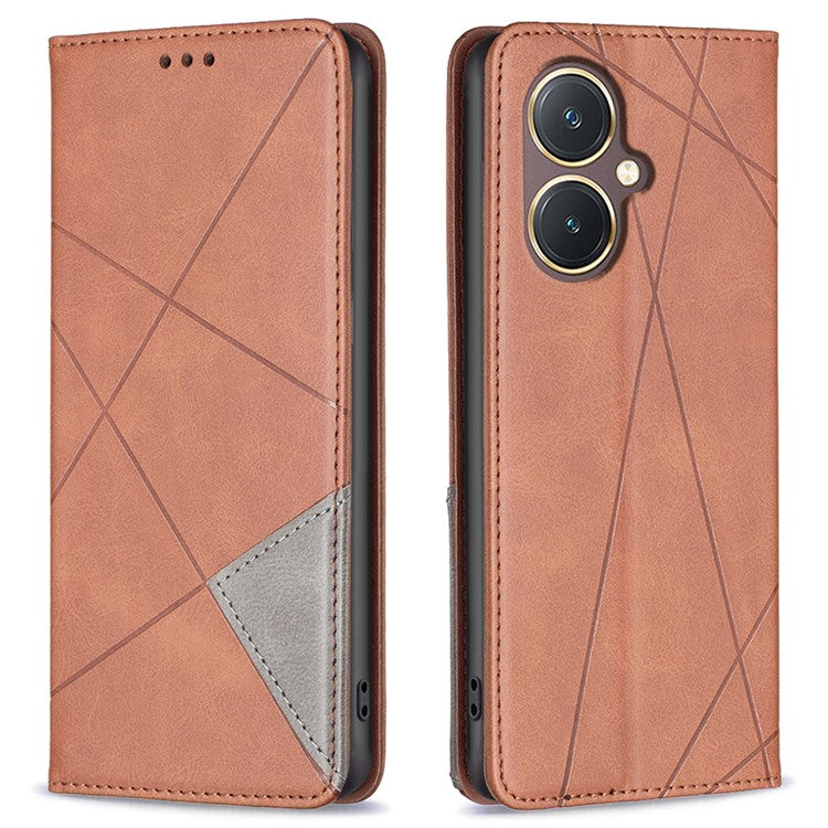 For vivo Y27 4G Card Slots Stand Cover Anti-scratch PU Leather Imprinted Line Phone Flip Case - Brown