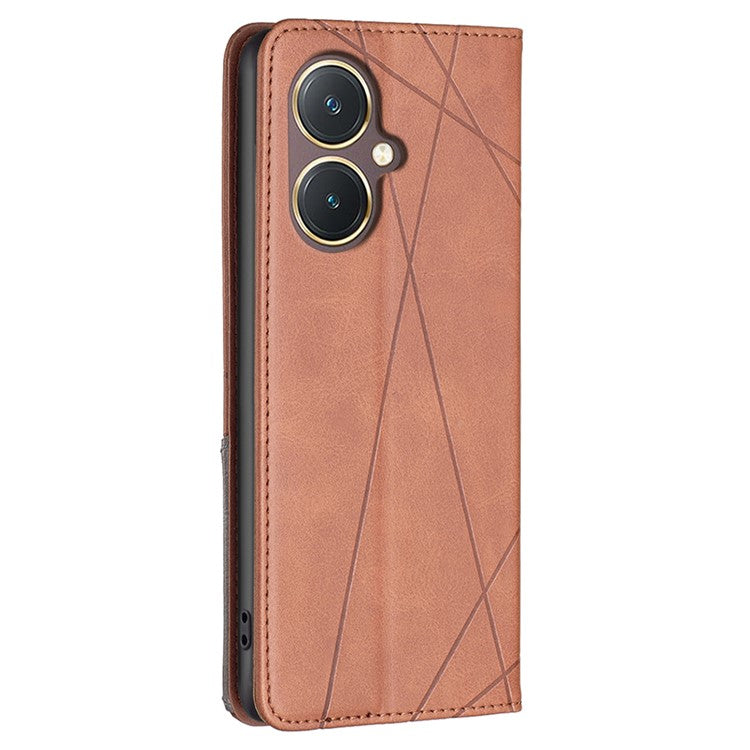 For vivo Y27 4G Card Slots Stand Cover Anti-scratch PU Leather Imprinted Line Phone Flip Case - Brown