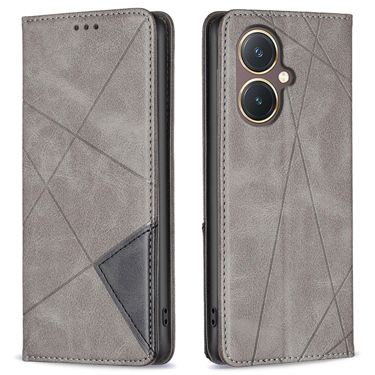 For vivo Y27 4G Card Slots Stand Cover Anti-scratch PU Leather Imprinted Line Phone Flip Case - Grey