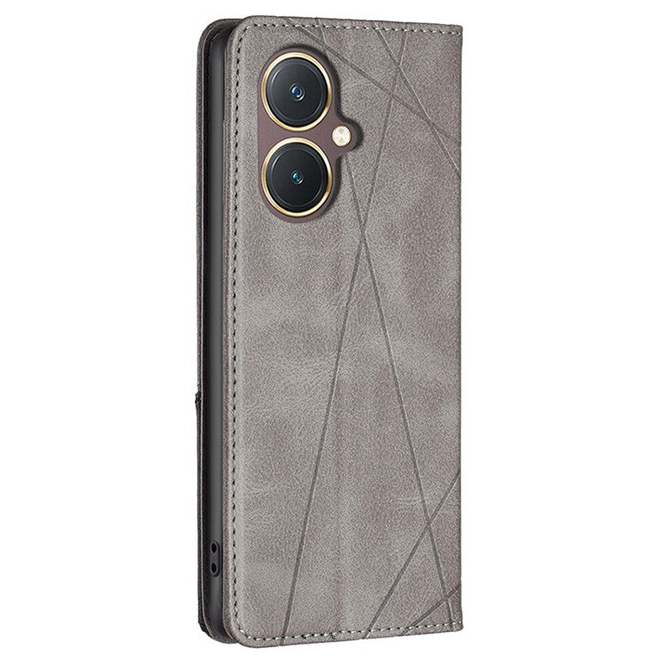 For vivo Y27 4G Card Slots Stand Cover Anti-scratch PU Leather Imprinted Line Phone Flip Case - Grey