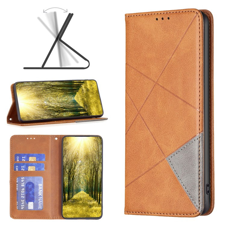 For vivo Y27 4G Card Slots Stand Cover Anti-scratch PU Leather Imprinted Line Phone Flip Case - Yellow