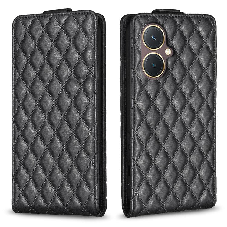 BF30 Imprinted Grid Phone Case for vivo Y27 4G , PU Leather Vertical Flip Stand Card Slots Cover - Black