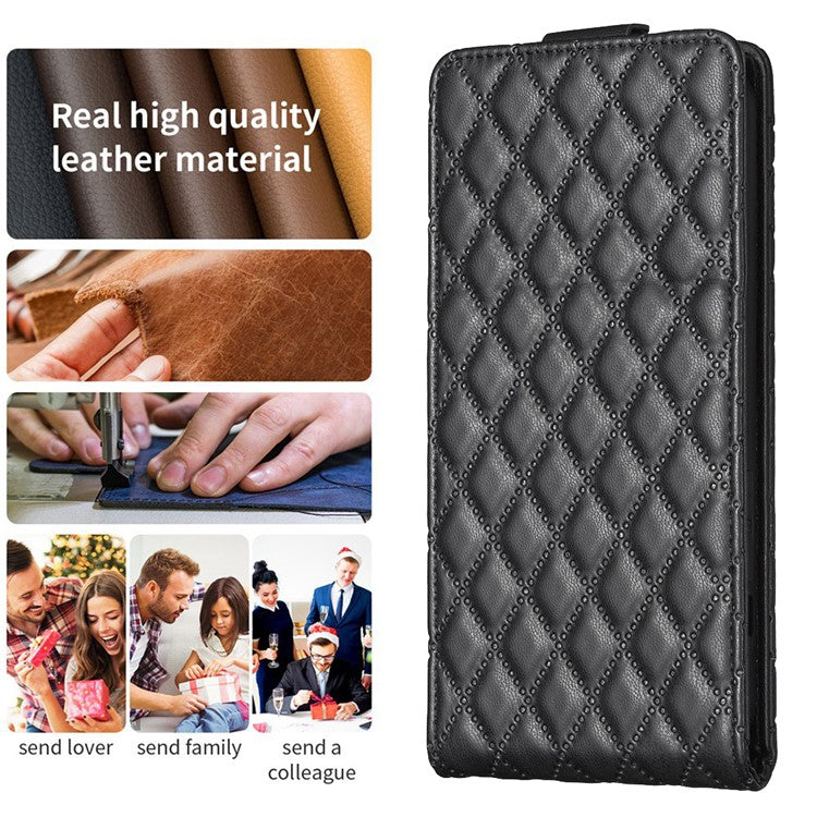 BF30 Imprinted Grid Phone Case for vivo Y27 4G , PU Leather Vertical Flip Stand Card Slots Cover - Black