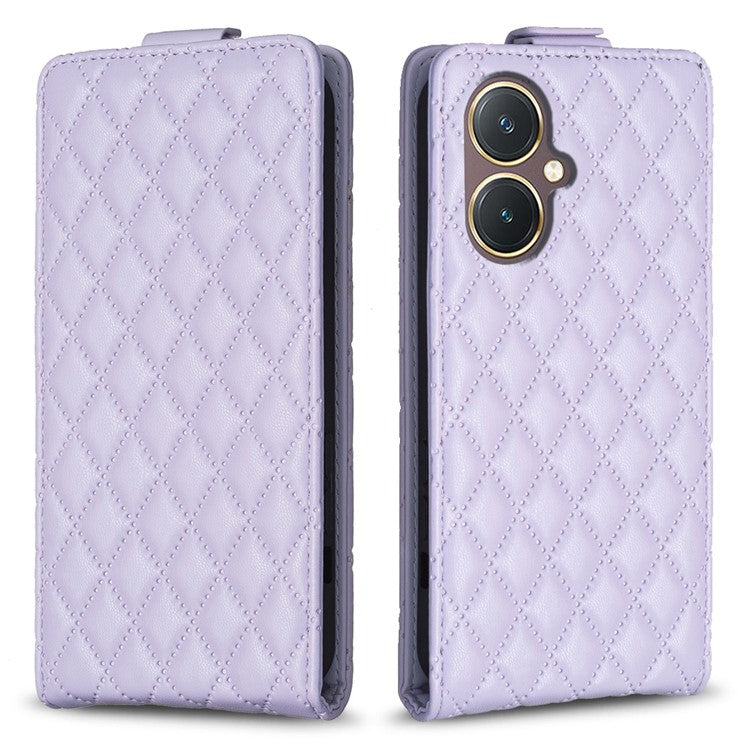 BF30 Imprinted Grid Phone Case for vivo Y27 4G , PU Leather Vertical Flip Stand Card Slots Cover - Purple