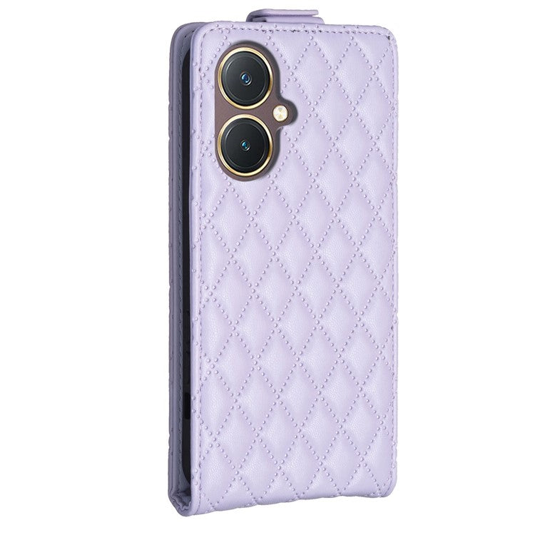 BF30 Imprinted Grid Phone Case for vivo Y27 4G , PU Leather Vertical Flip Stand Card Slots Cover - Purple