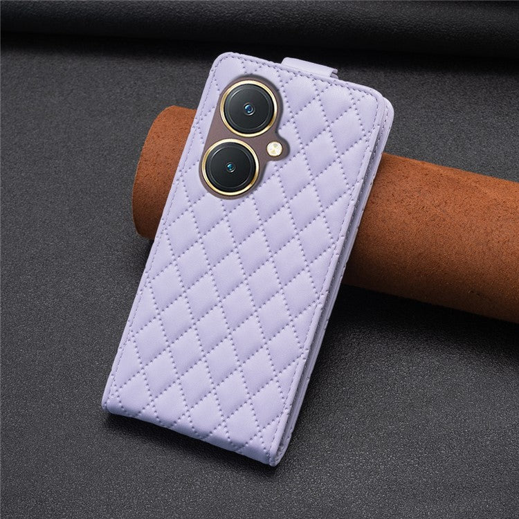 BF30 Imprinted Grid Phone Case for vivo Y27 4G , PU Leather Vertical Flip Stand Card Slots Cover - Purple