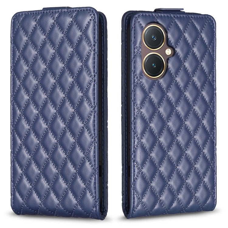 BF30 Imprinted Grid Phone Case for vivo Y27 4G , PU Leather Vertical Flip Stand Card Slots Cover - Blue