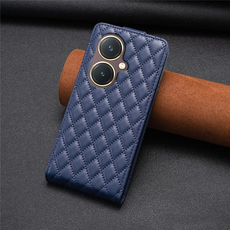 BF30 Imprinted Grid Phone Case for vivo Y27 4G , PU Leather Vertical Flip Stand Card Slots Cover - Blue