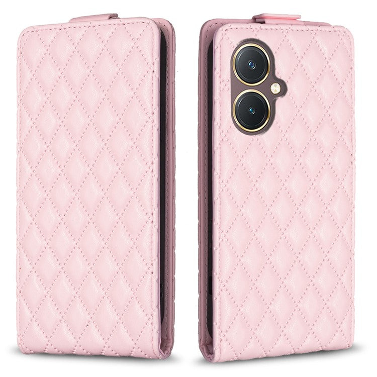 BF30 Imprinted Grid Phone Case for vivo Y27 4G , PU Leather Vertical Flip Stand Card Slots Cover - Pink