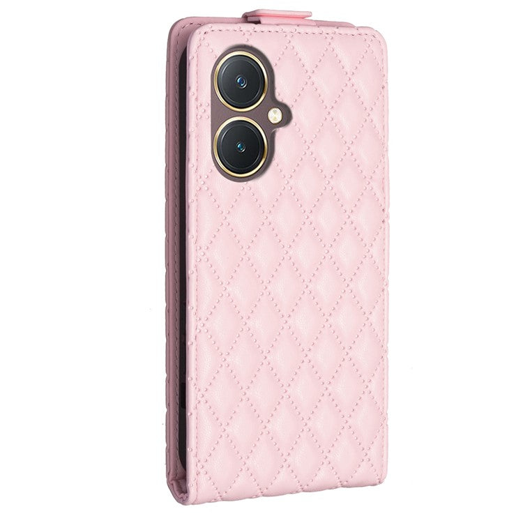 BF30 Imprinted Grid Phone Case for vivo Y27 4G , PU Leather Vertical Flip Stand Card Slots Cover - Pink