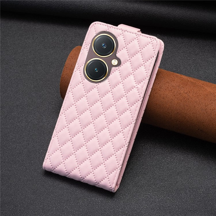 BF30 Imprinted Grid Phone Case for vivo Y27 4G , PU Leather Vertical Flip Stand Card Slots Cover - Pink