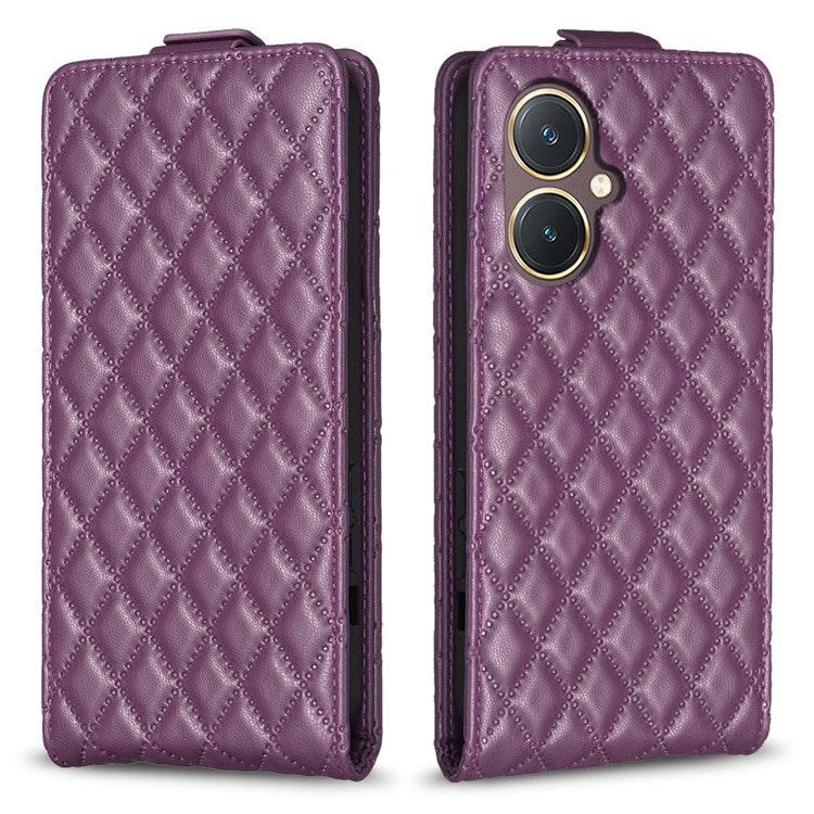 BF30 Imprinted Grid Phone Case for vivo Y27 4G , PU Leather Vertical Flip Stand Card Slots Cover - Dark Purple