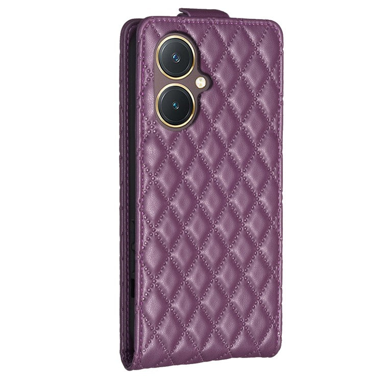 BF30 Imprinted Grid Phone Case for vivo Y27 4G , PU Leather Vertical Flip Stand Card Slots Cover - Dark Purple