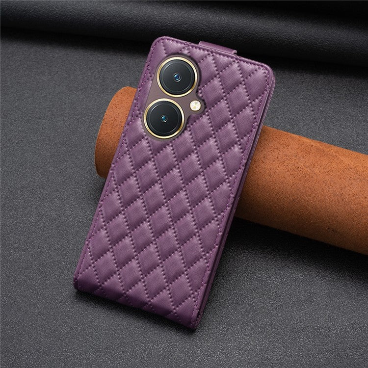 BF30 Imprinted Grid Phone Case for vivo Y27 4G , PU Leather Vertical Flip Stand Card Slots Cover - Dark Purple