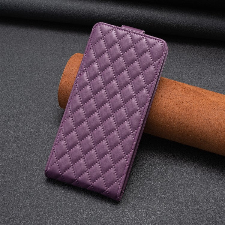 BF30 Imprinted Grid Phone Case for vivo Y27 4G , PU Leather Vertical Flip Stand Card Slots Cover - Dark Purple