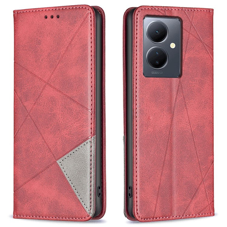 For vivo Y78 5G / Y36 4G (Global) Card Slots Stand Cover PU Leather Imprinted Line Anti-scratch Flip Shell Phone Case - Red