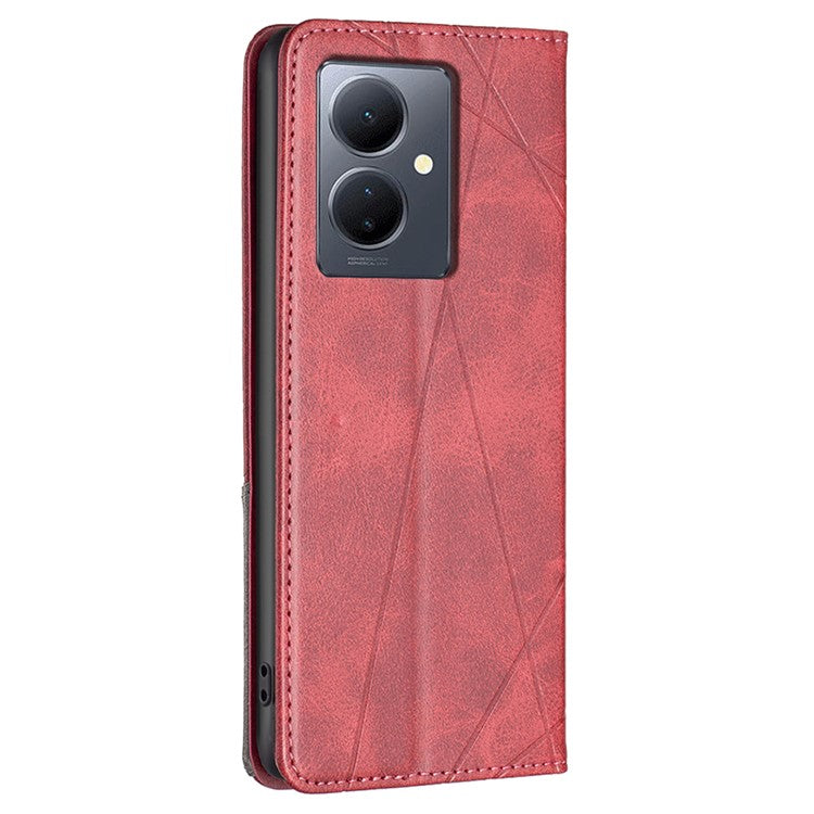 For vivo Y78 5G / Y36 4G (Global) Card Slots Stand Cover PU Leather Imprinted Line Anti-scratch Flip Shell Phone Case - Red