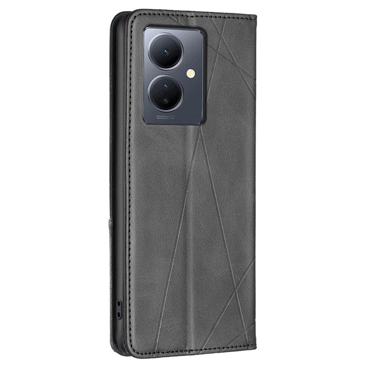 For vivo Y78 5G / Y36 4G (Global) Card Slots Stand Cover PU Leather Imprinted Line Anti-scratch Flip Shell Phone Case - Black