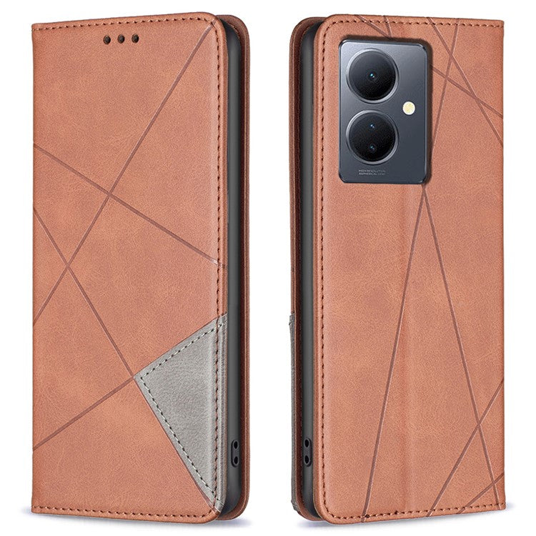 For vivo Y78 5G / Y36 4G (Global) Card Slots Stand Cover PU Leather Imprinted Line Anti-scratch Flip Shell Phone Case - Brown