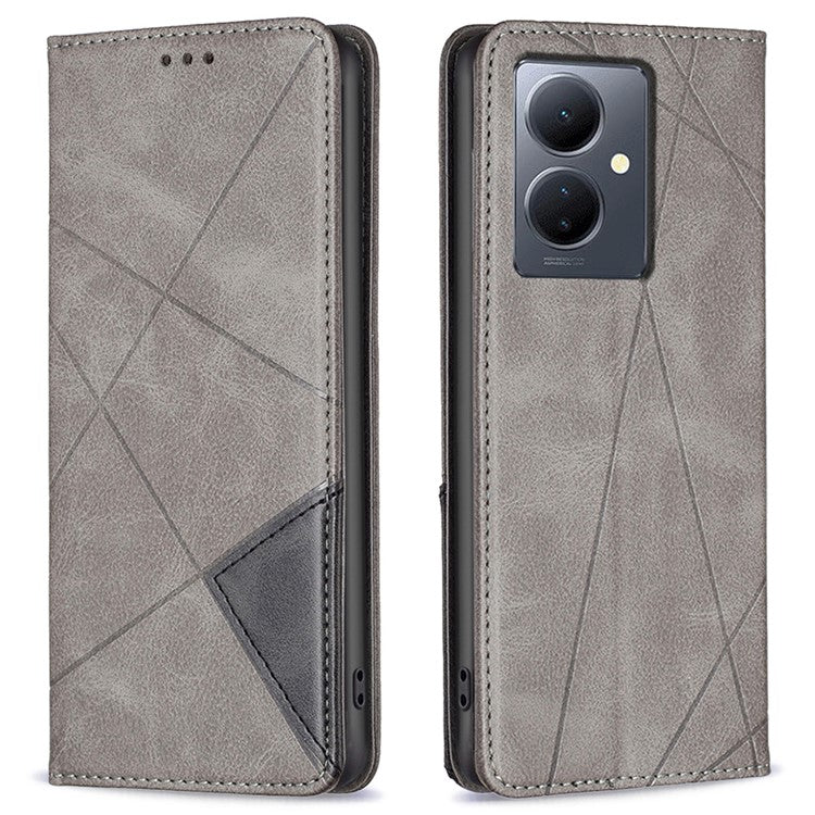 For vivo Y78 5G / Y36 4G (Global) Card Slots Stand Cover PU Leather Imprinted Line Anti-scratch Flip Shell Phone Case - Grey