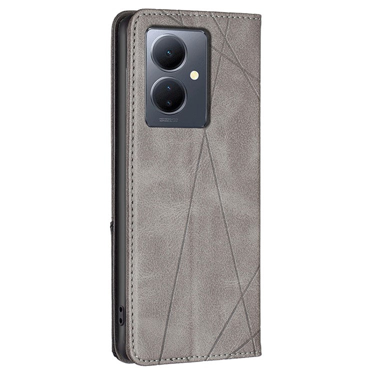 For vivo Y78 5G / Y36 4G (Global) Card Slots Stand Cover PU Leather Imprinted Line Anti-scratch Flip Shell Phone Case - Grey