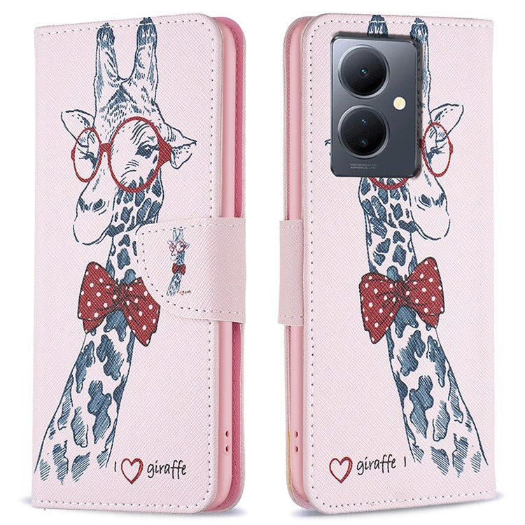 PU Leather Flip Case for vivo Y78 (China) 5G / Y36 4G (Global) / Y36 5G (Global) , Pattern Printing Stand Wallet Phone Cover - Giraffe