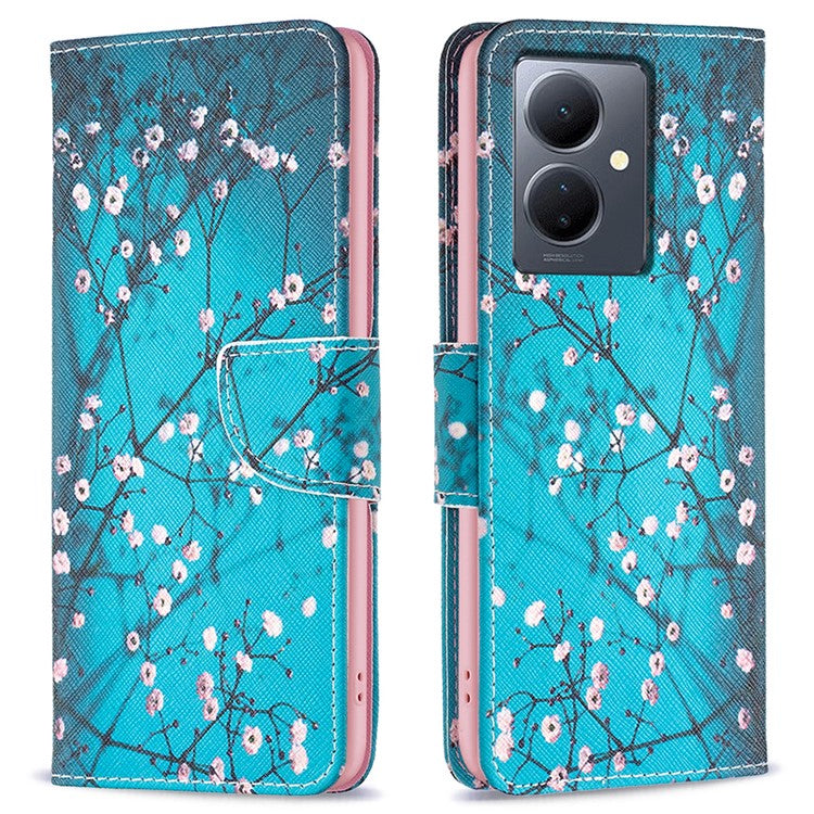 PU Leather Flip Case for vivo Y78 (China) 5G / Y36 4G (Global) / Y36 5G (Global) , Pattern Printing Stand Wallet Phone Cover - Plum Blossom