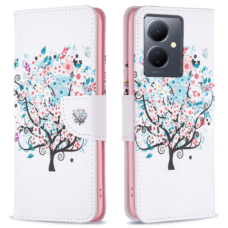 PU Leather Flip Case for vivo Y78 (China) 5G / Y36 4G (Global) / Y36 5G (Global) , Pattern Printing Stand Wallet Phone Cover - Flower Tree