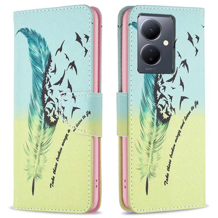 PU Leather Flip Case for vivo Y78 (China) 5G / Y36 4G (Global) / Y36 5G (Global) , Pattern Printing Stand Wallet Phone Cover - Feather and Birds