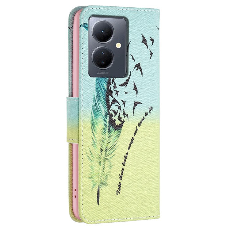 PU Leather Flip Case for vivo Y78 (China) 5G / Y36 4G (Global) / Y36 5G (Global) , Pattern Printing Stand Wallet Phone Cover - Feather and Birds