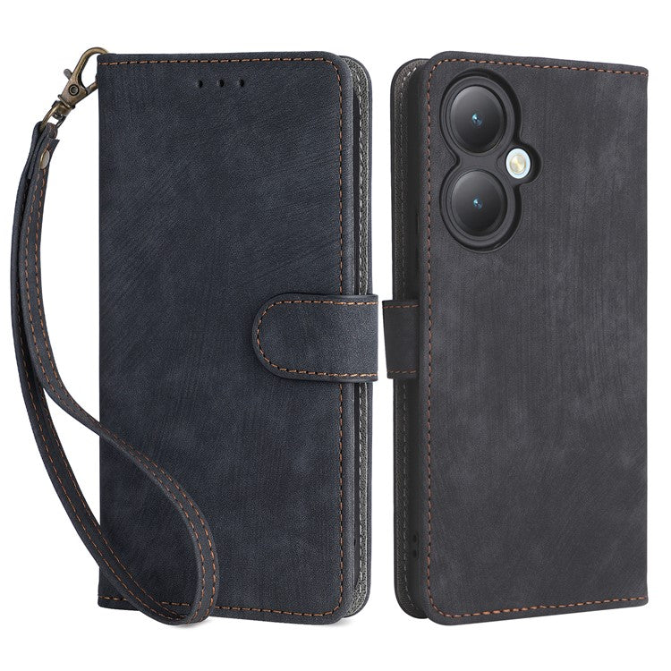 For vivo Y35+ 5G / Y35m+ 5G / Y27 4G RFID Blocking Phone Case Anti-scratch Leather Wallet Stand Cover with Strap - Black