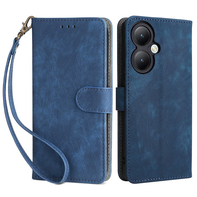 For vivo Y35+ 5G / Y35m+ 5G / Y27 4G RFID Blocking Phone Case Anti-scratch Leather Wallet Stand Cover with Strap - Blue