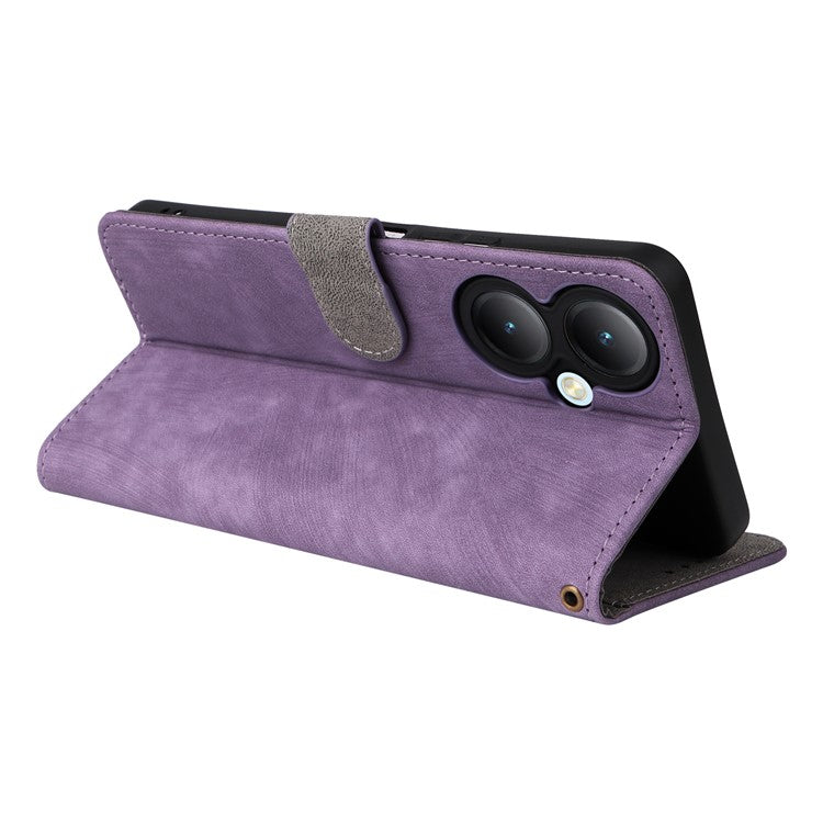 For vivo Y35+ 5G / Y35m+ 5G / Y27 4G RFID Blocking Phone Case Anti-scratch Leather Wallet Stand Cover with Strap - Purple