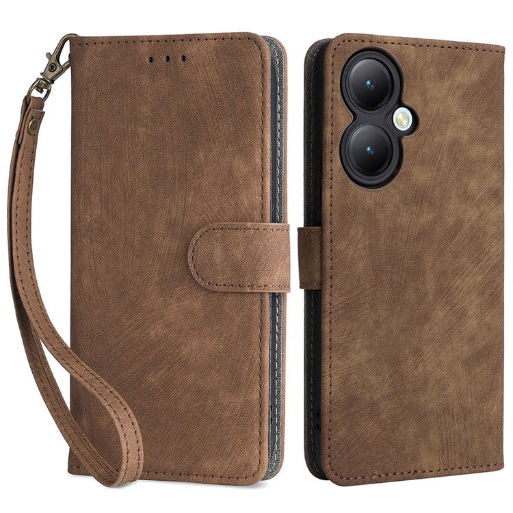 For vivo Y35+ 5G / Y35m+ 5G / Y27 4G RFID Blocking Phone Case Anti-scratch Leather Wallet Stand Cover with Strap - Brown