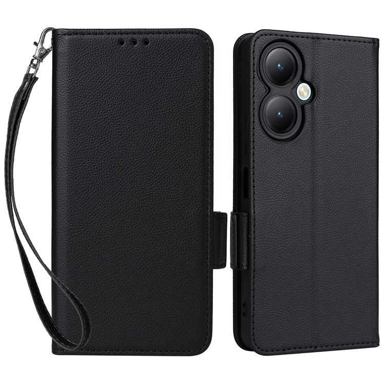 For vivo Y35m+ 5G / Y35+ 5G / Y27 4G Litchi Texture Phone Shell PU Leather Wallet Stand Anti-drop Cover with Strap - Black