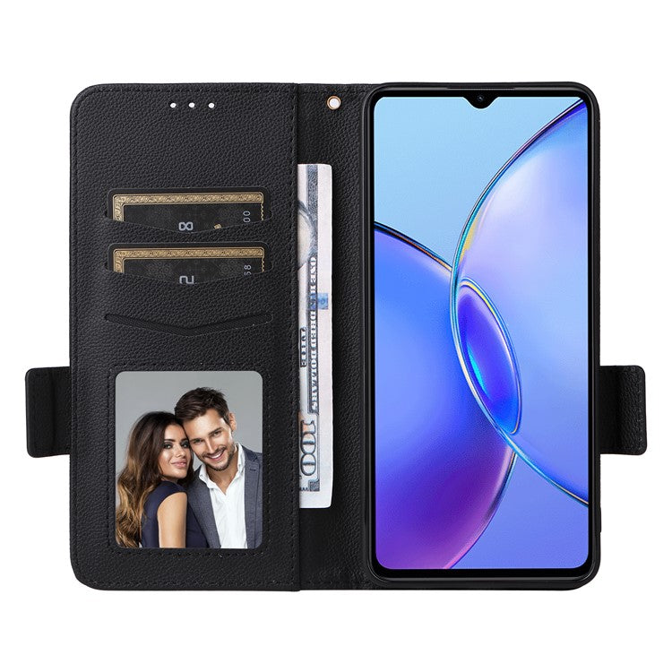 For vivo Y35m+ 5G / Y35+ 5G / Y27 4G Litchi Texture Phone Shell PU Leather Wallet Stand Anti-drop Cover with Strap - Black