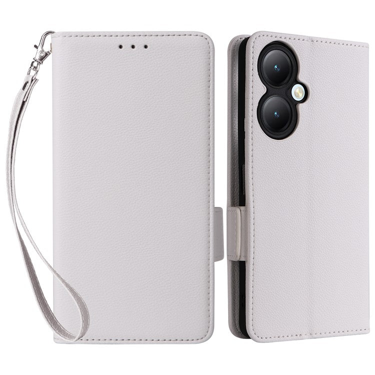 For vivo Y35m+ 5G / Y35+ 5G / Y27 4G Litchi Texture Phone Shell PU Leather Wallet Stand Anti-drop Cover with Strap - White