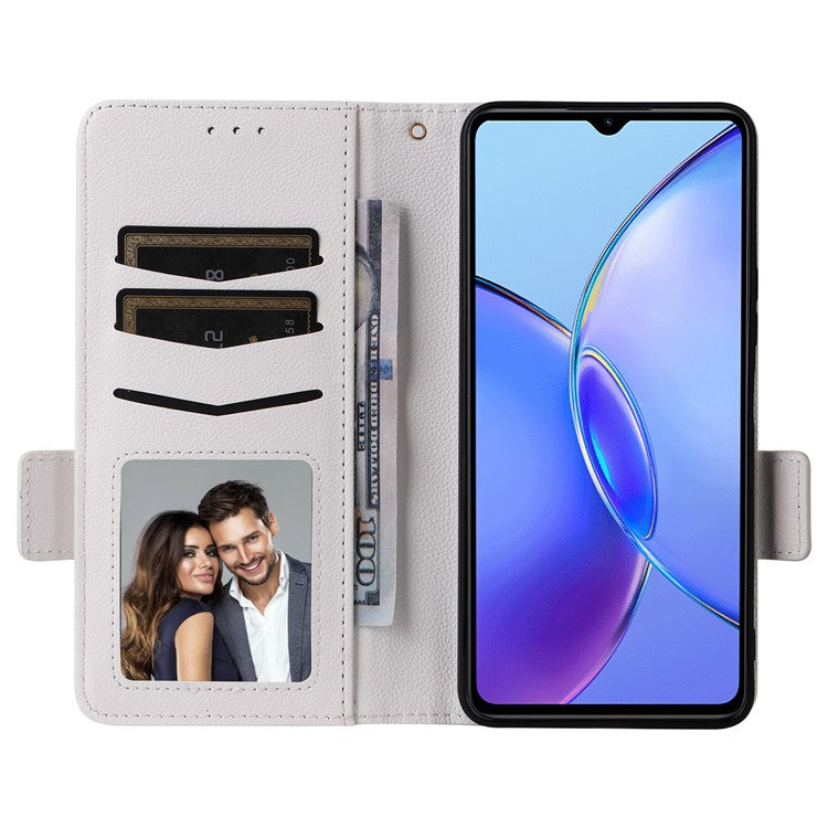 For vivo Y35m+ 5G / Y35+ 5G / Y27 4G Litchi Texture Phone Shell PU Leather Wallet Stand Anti-drop Cover with Strap - White