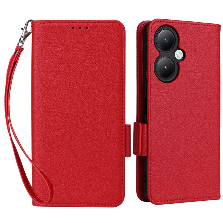 For vivo Y35m+ 5G / Y35+ 5G / Y27 4G Litchi Texture Phone Shell PU Leather Wallet Stand Anti-drop Cover with Strap - Red