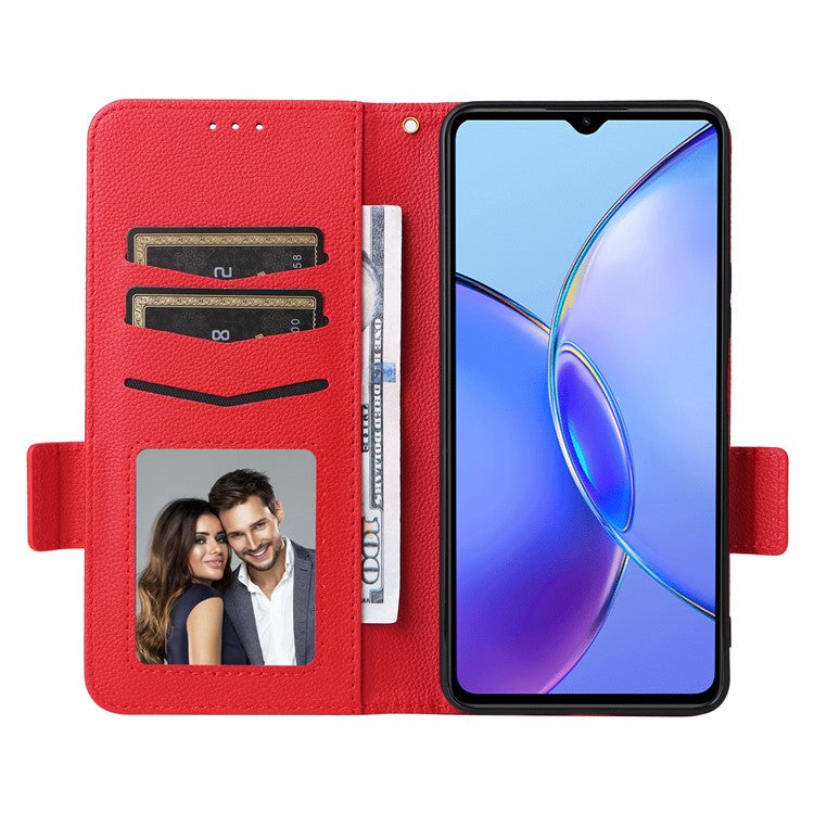 For vivo Y35m+ 5G / Y35+ 5G / Y27 4G Litchi Texture Phone Shell PU Leather Wallet Stand Anti-drop Cover with Strap - Red