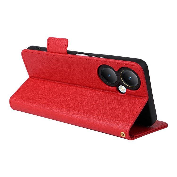 For vivo Y35m+ 5G / Y35+ 5G / Y27 4G Litchi Texture Phone Shell PU Leather Wallet Stand Anti-drop Cover with Strap - Red